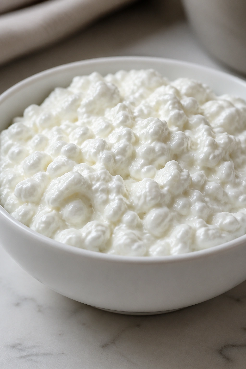 Close-up of cottage cheese in a white bowl on a counter