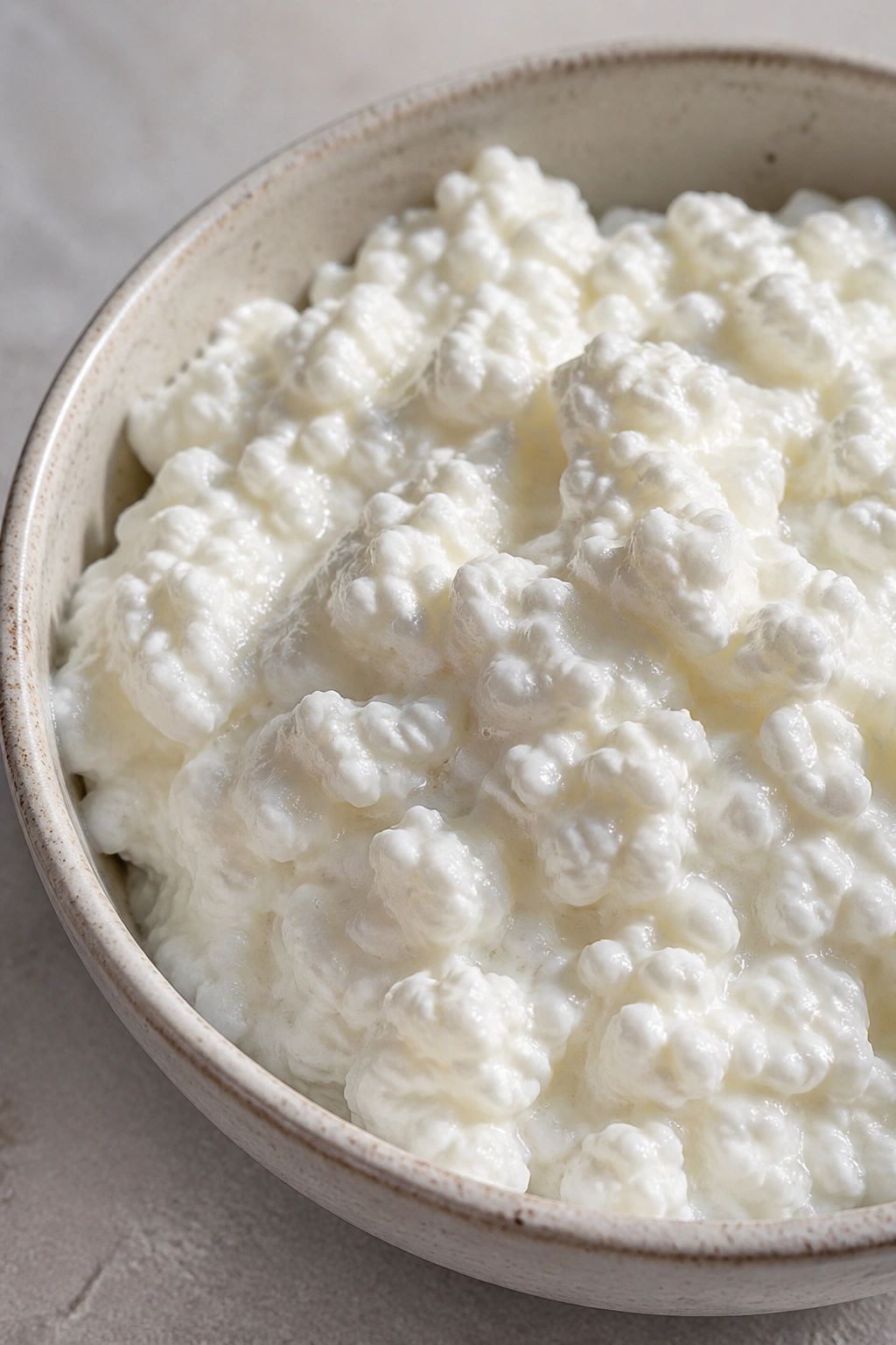 Close-up of cottage cheese in a bowl on a neutral countertop