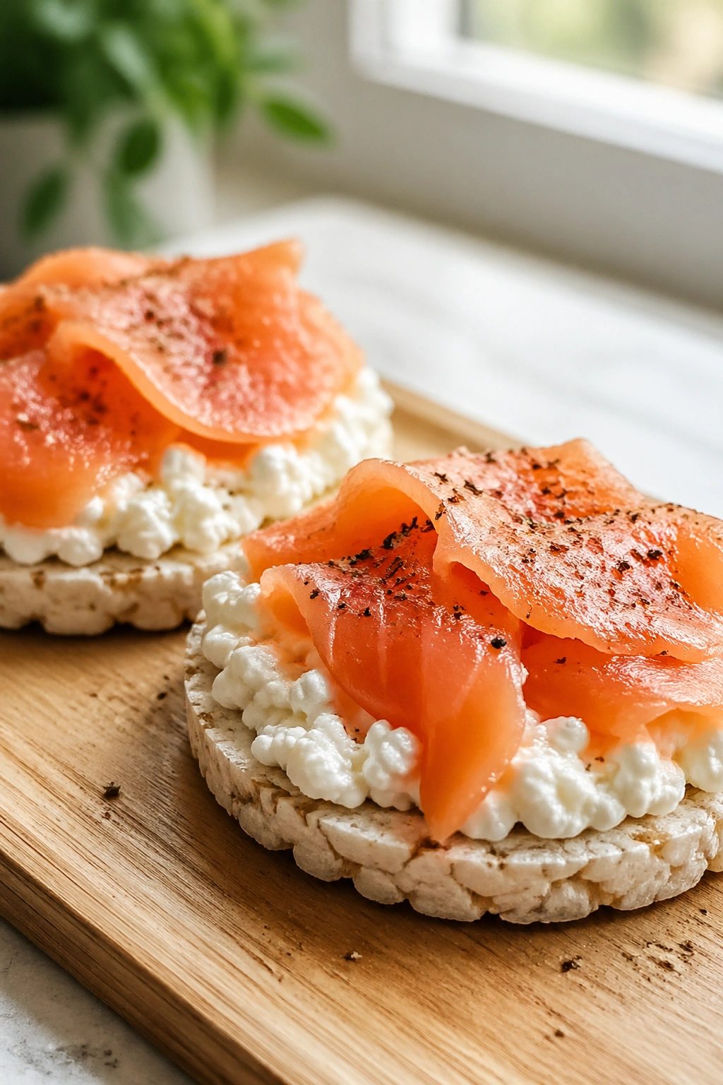Close-up of cottage cheese on rice cakes with smoked salmon on wooden board, peppered top, in kitchen light