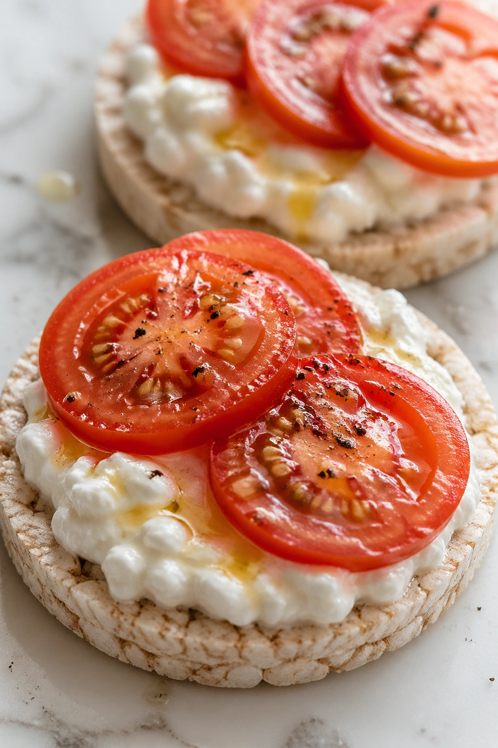 Rice cakes topped with cottage cheese and tomato slices on a plate