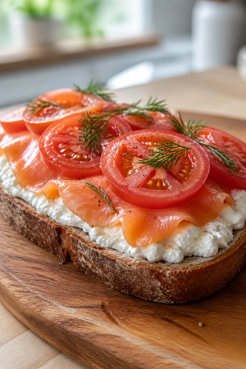 Toast topped with cottage cheese, smoked salmon, and tomato for post-workout lunch