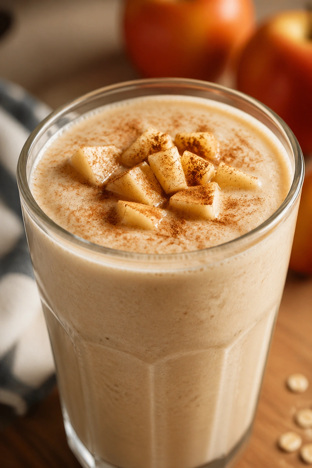 Apple pie cottage cheese shake in glass on kitchen counter
