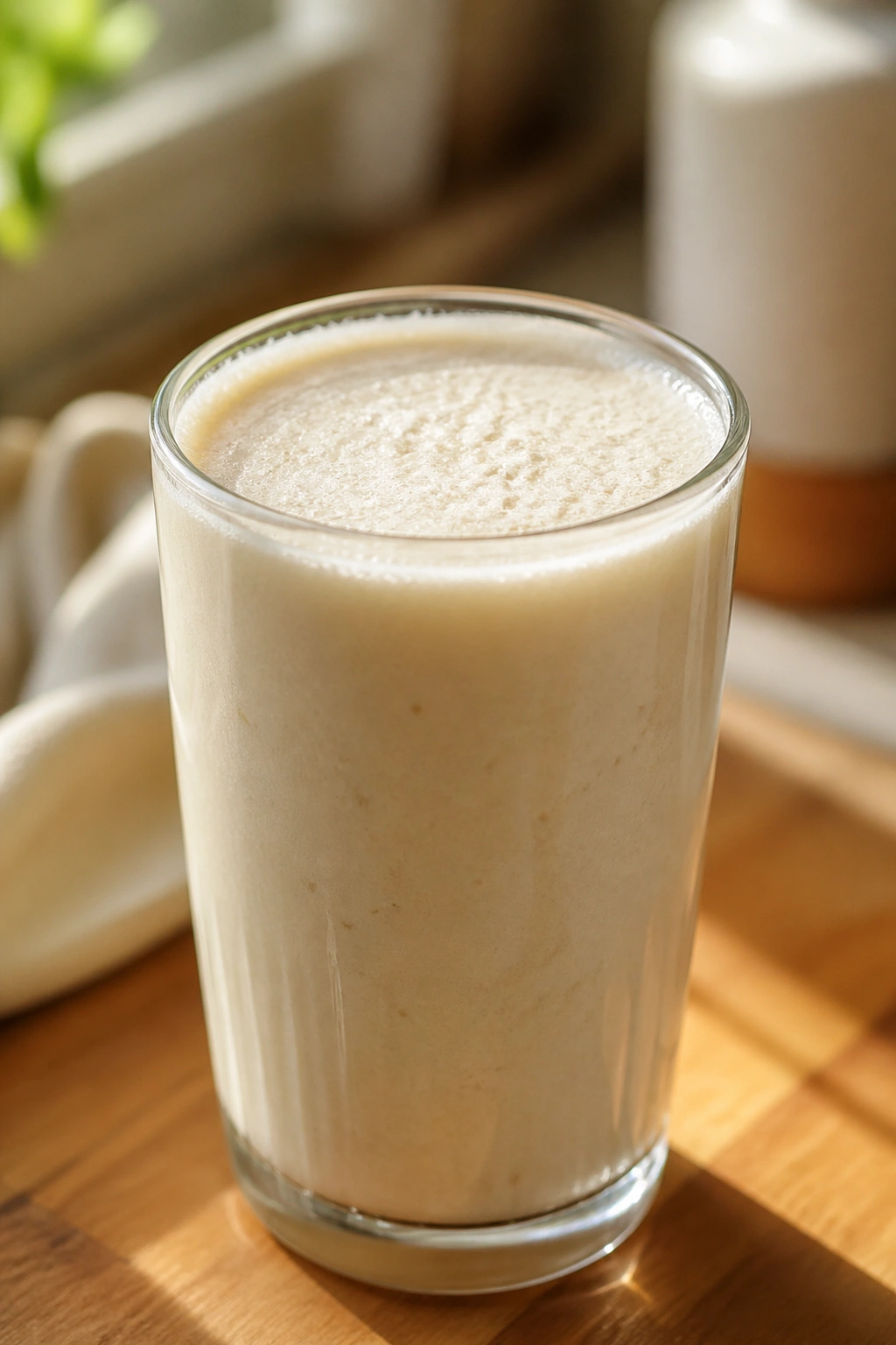 Close-up of a creamy cottage cheese breakfast shake in a glass with morning kitchen light