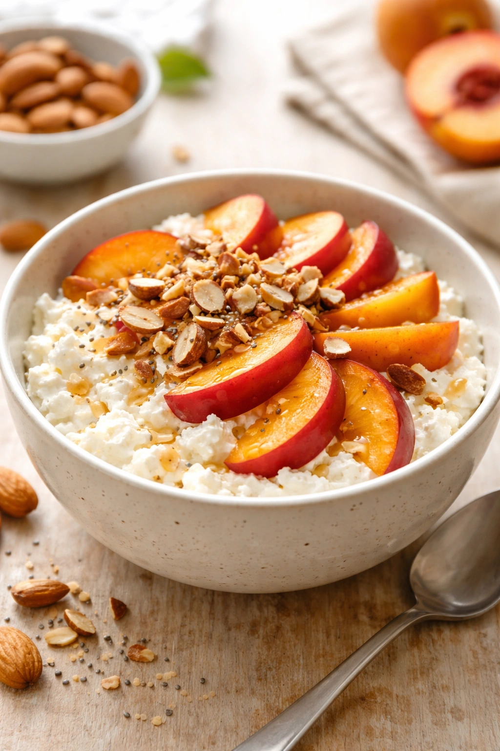 Cottage cheese bowl with stone fruit and almonds on a bright counter.