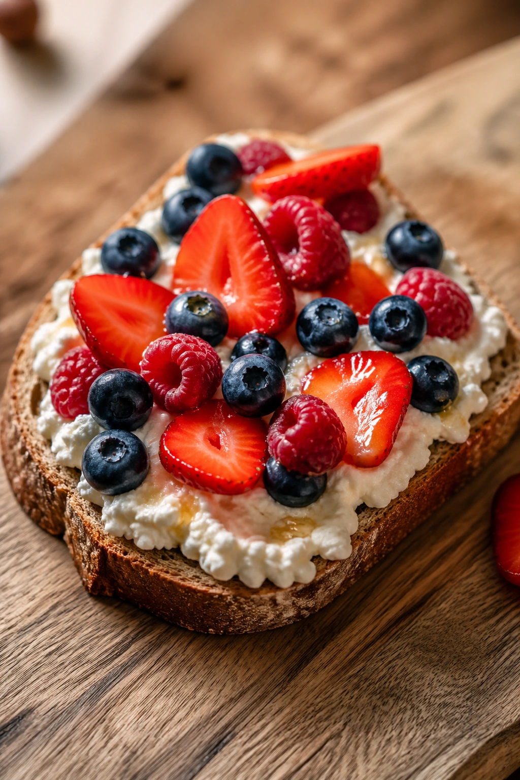Close-up of cottage cheese toast topped with berries on a wooden table