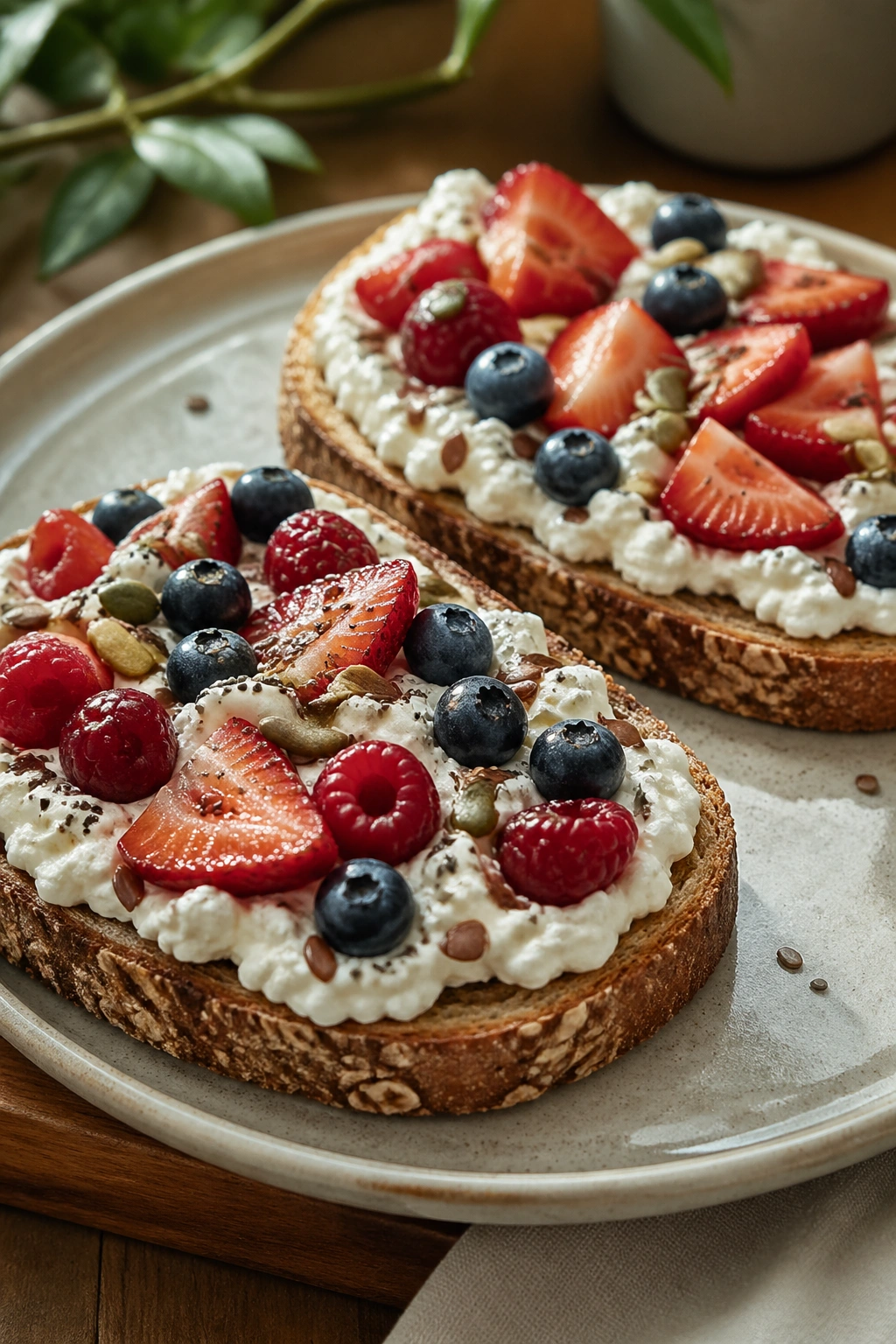 Close-up of cottage cheese toast with berries and seeds on a plate