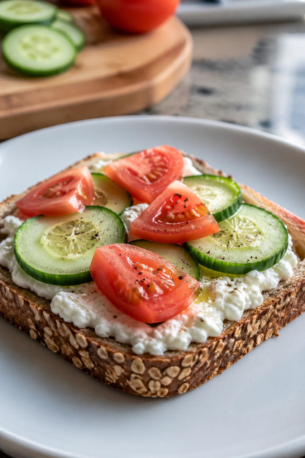 Close-up of cottage cheese toast with cucumber and tomato on a kitchen counter