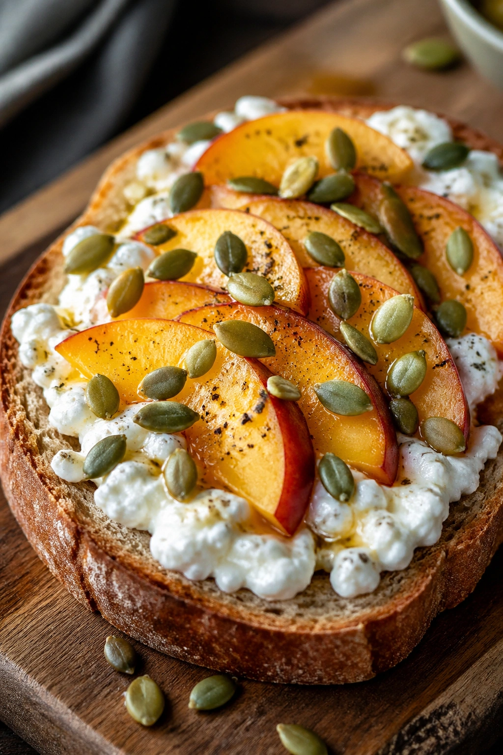 Close-up of cottage cheese toast with peaches and pumpkin seeds
