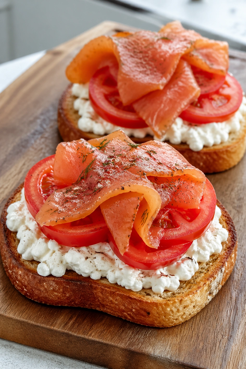 Two cottage cheese toasts with tomatoes and smoked salmon on a wooden board