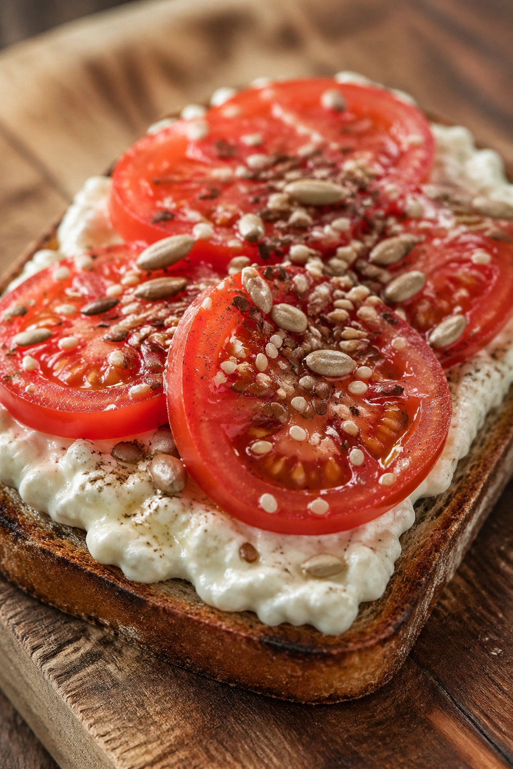 Toast with cottage cheese, tomato, and seeds after workout