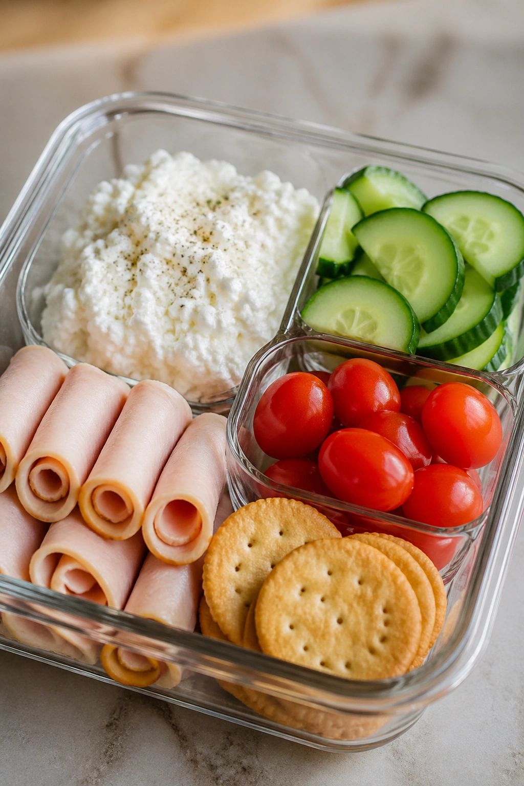 Open cottage cheese snack box with veggies and turkey on a kitchen counter