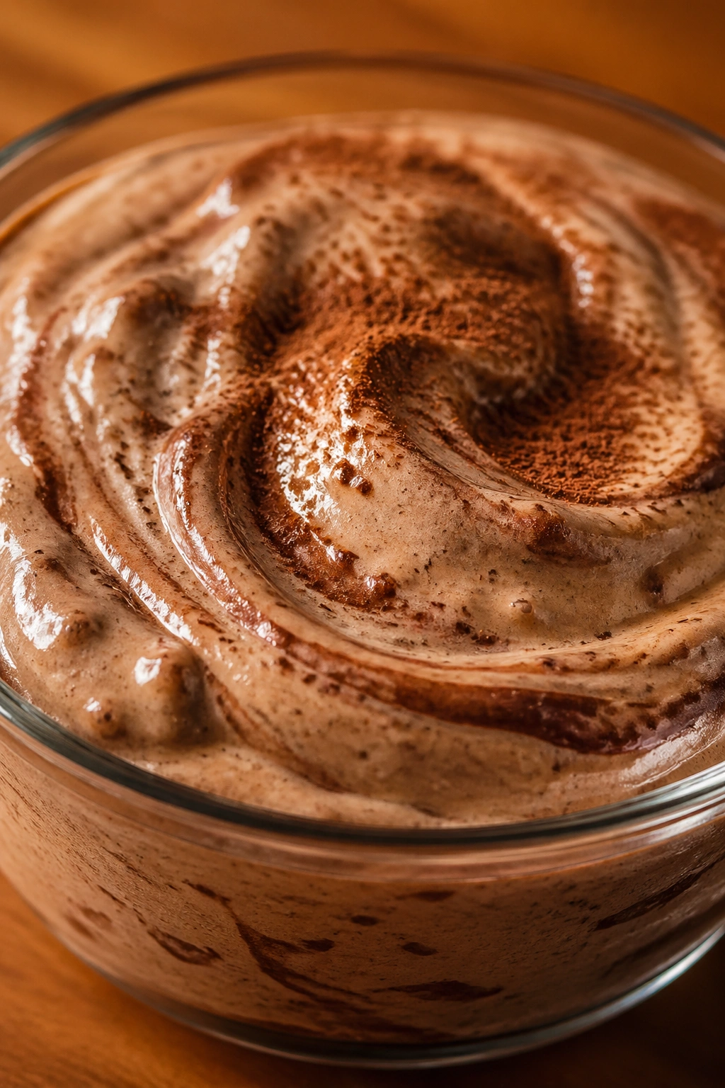 Close-up of cocoa cinnamon cottage cheese whip in a bowl