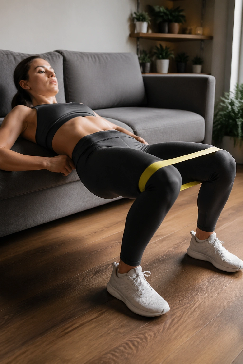 Side view of a real person performing couch-elevated hip thrusts with a band on a couch in a living room