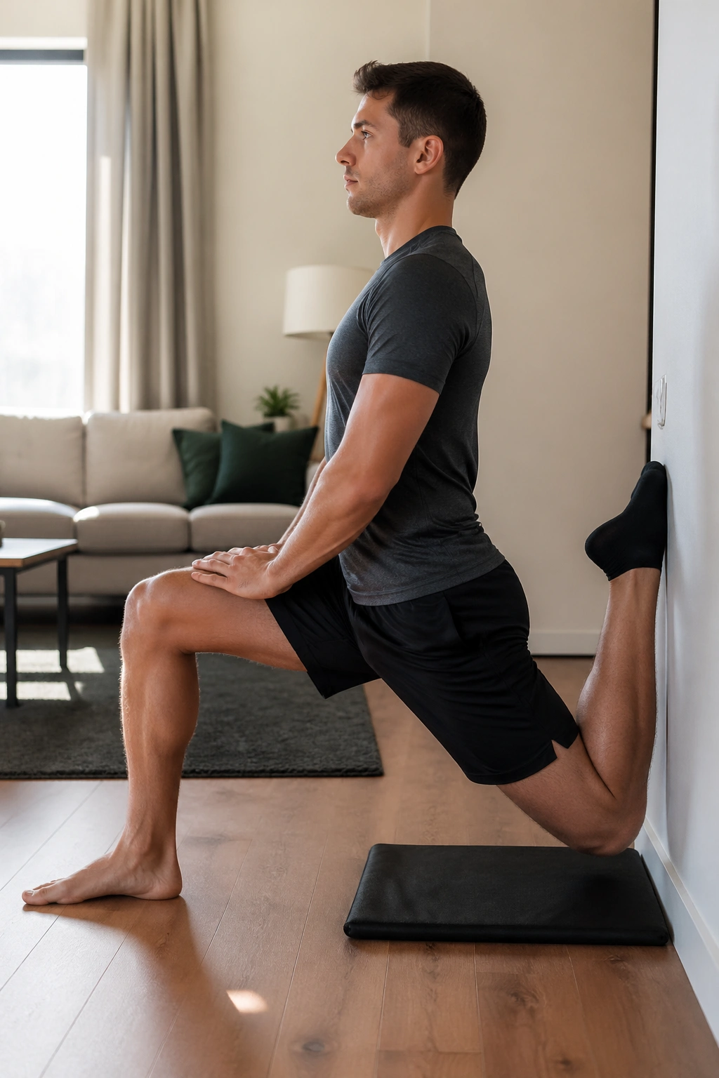 Side-profile of couch stretch focusing on quad and hip flexor