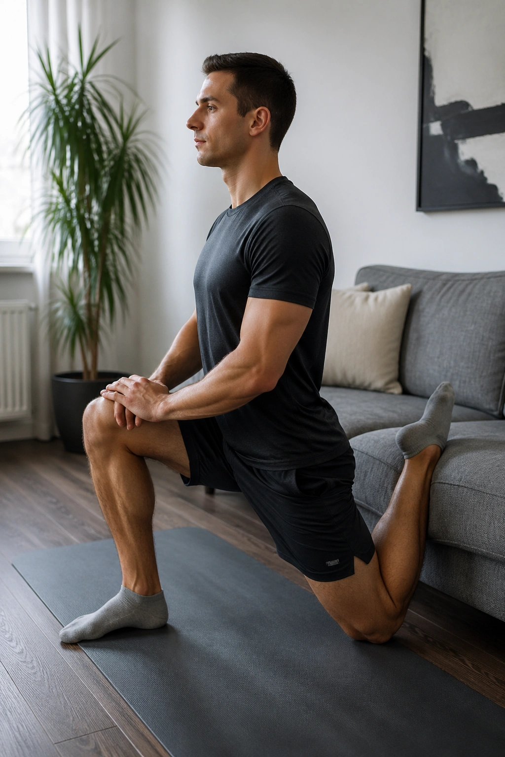 Kneeling couch stretch to open quad and hip flexor in modern living room