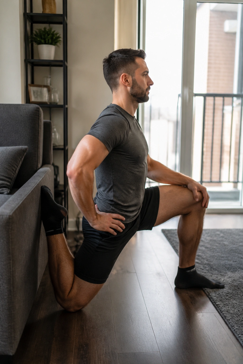 Side profile of person performing couch stretch against a wall.
