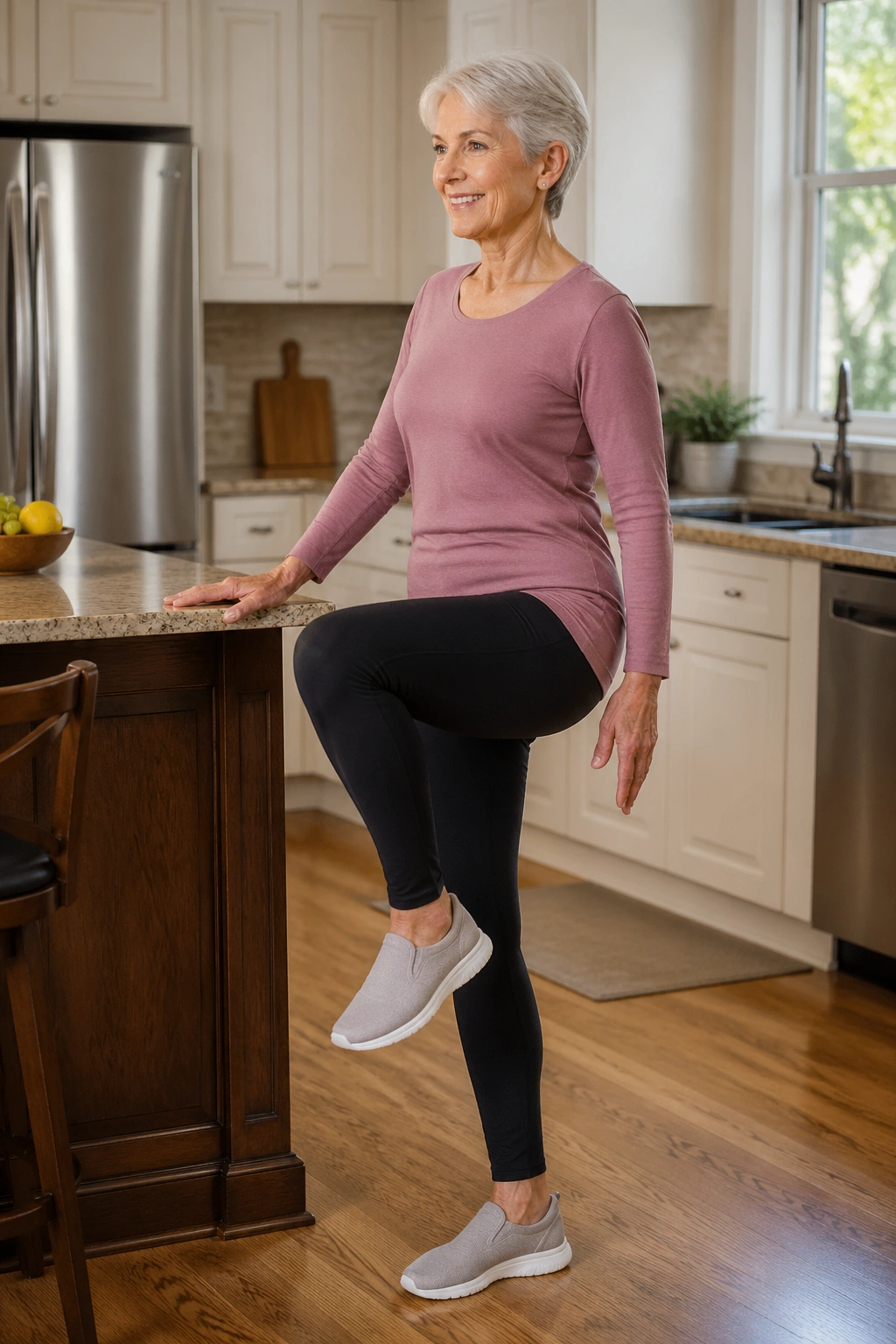 Medium shot of a real person marching in place at a kitchen counter for balance