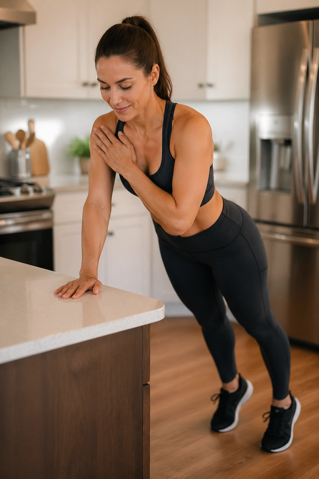 Person performing countertop plank shoulder taps in a kitchen