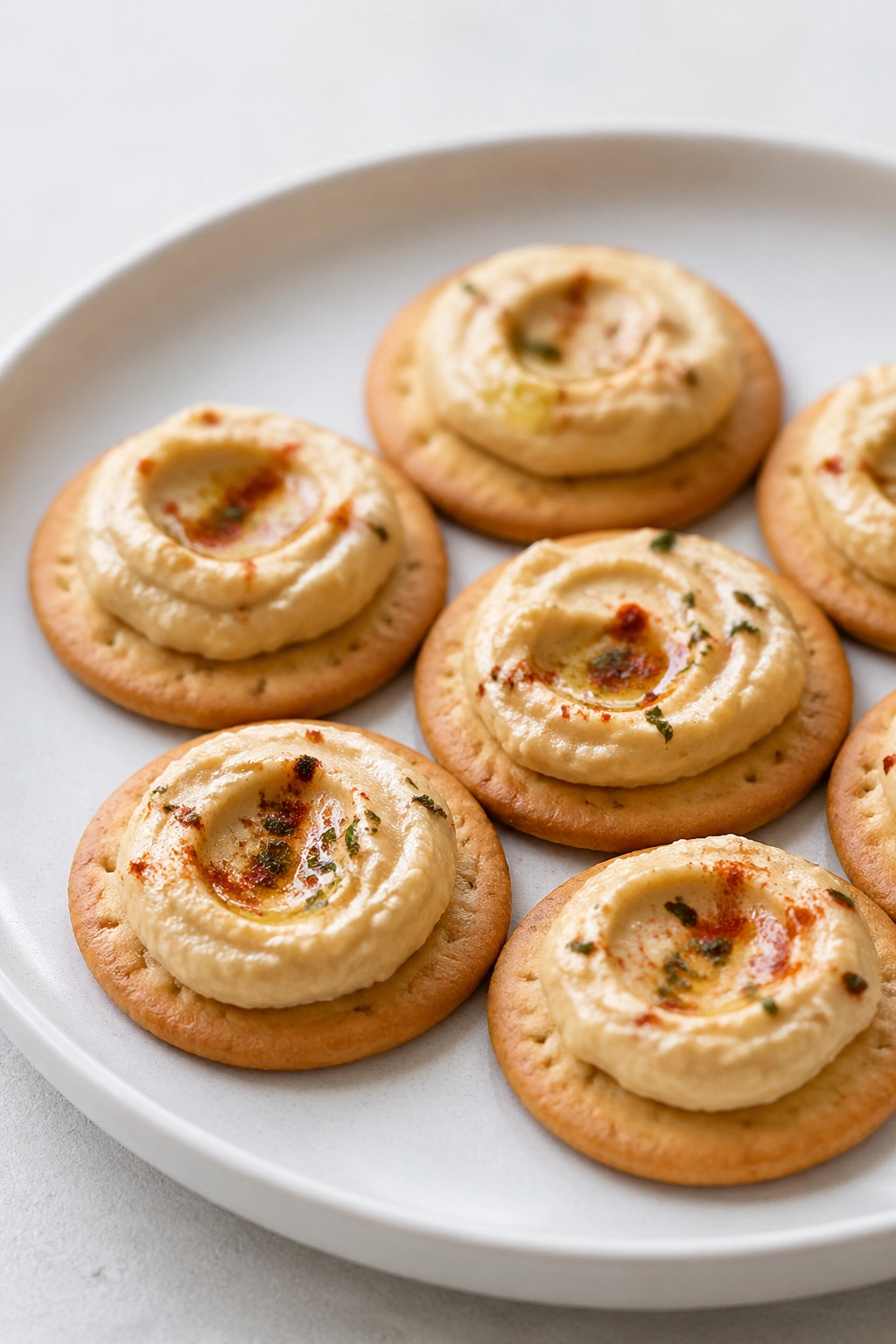 Crackers topped with hummus on a plate