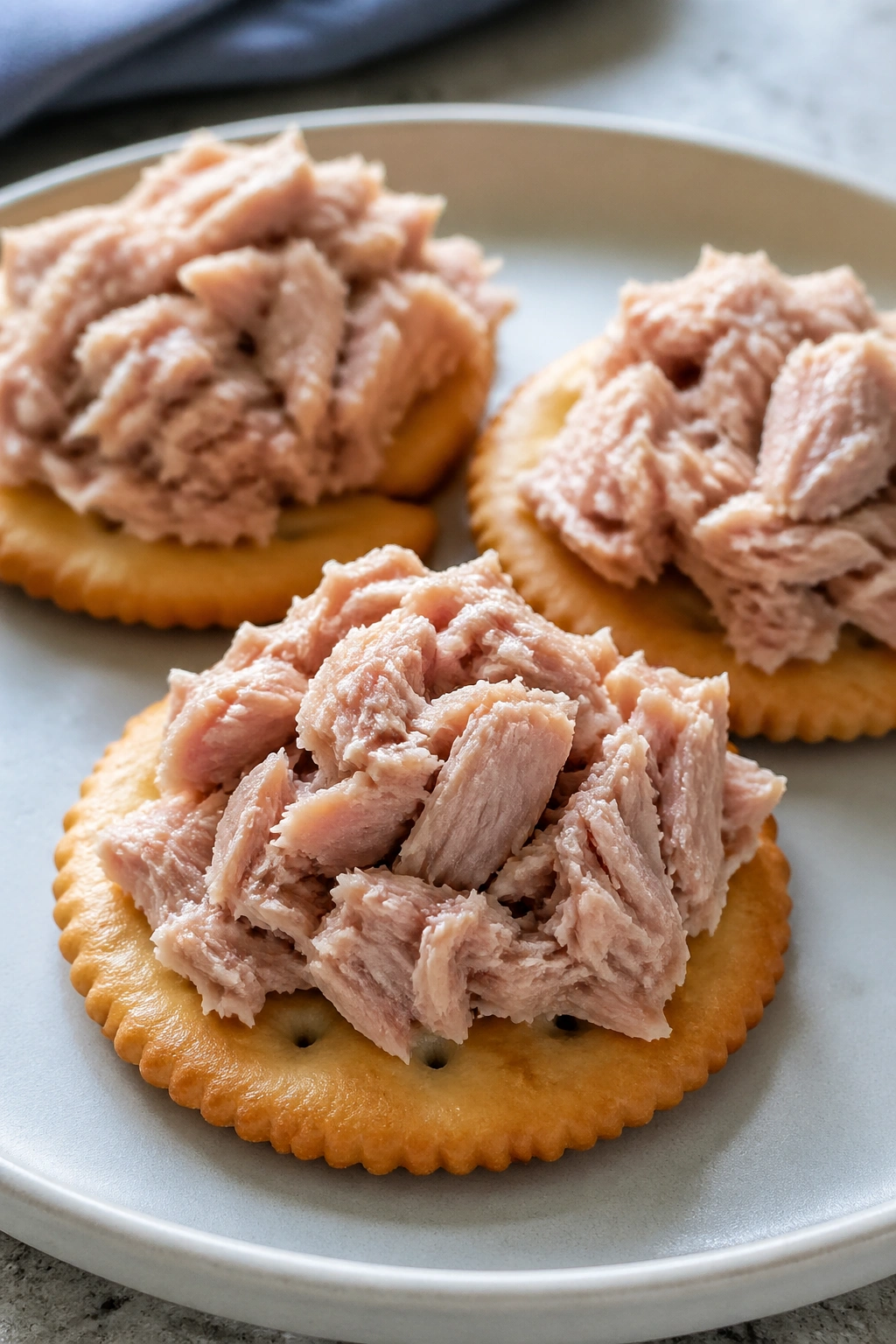 Crackers with tuna topping on a neutral plate