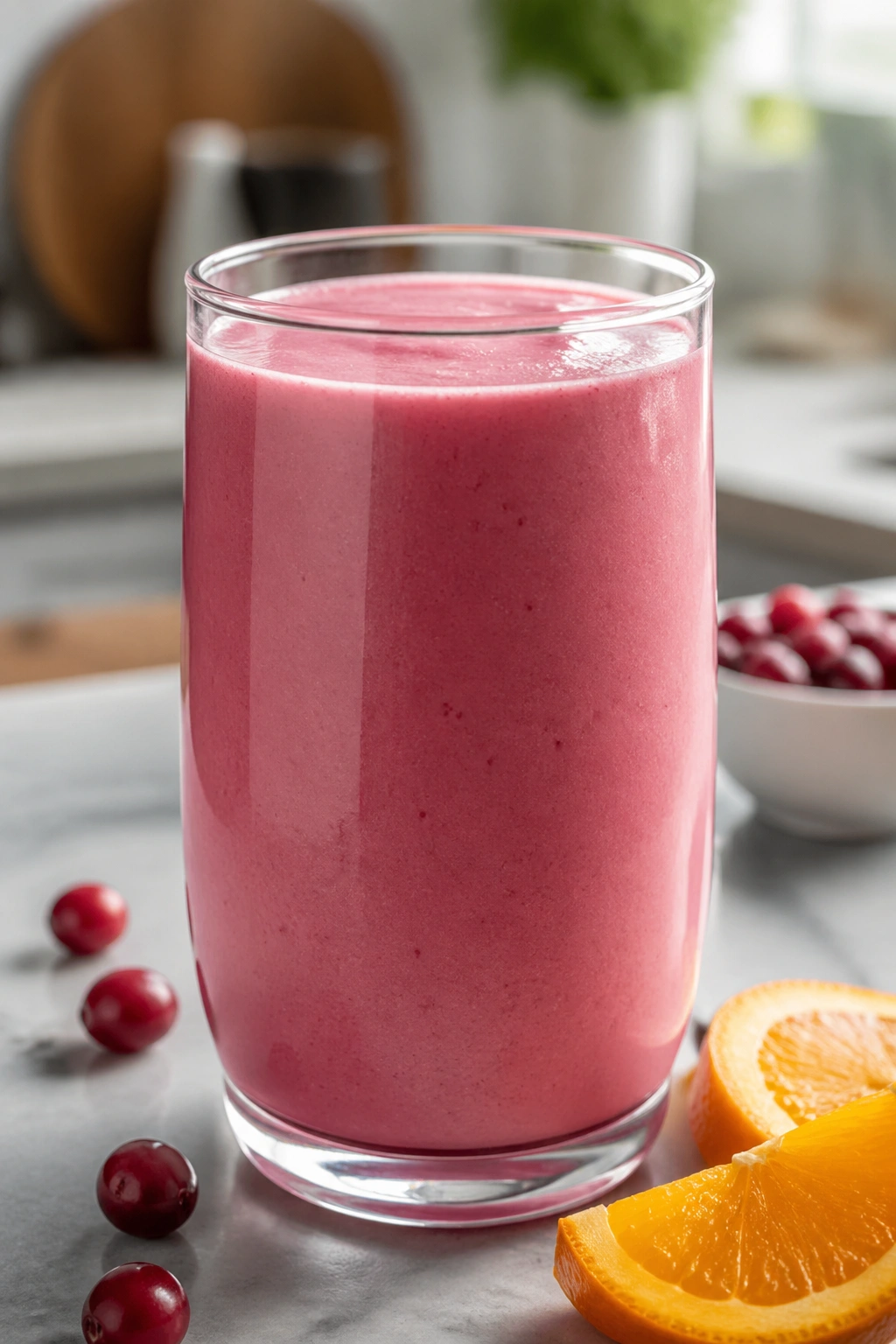 Rosy pink cranberry orange kefir smoothie in a glass