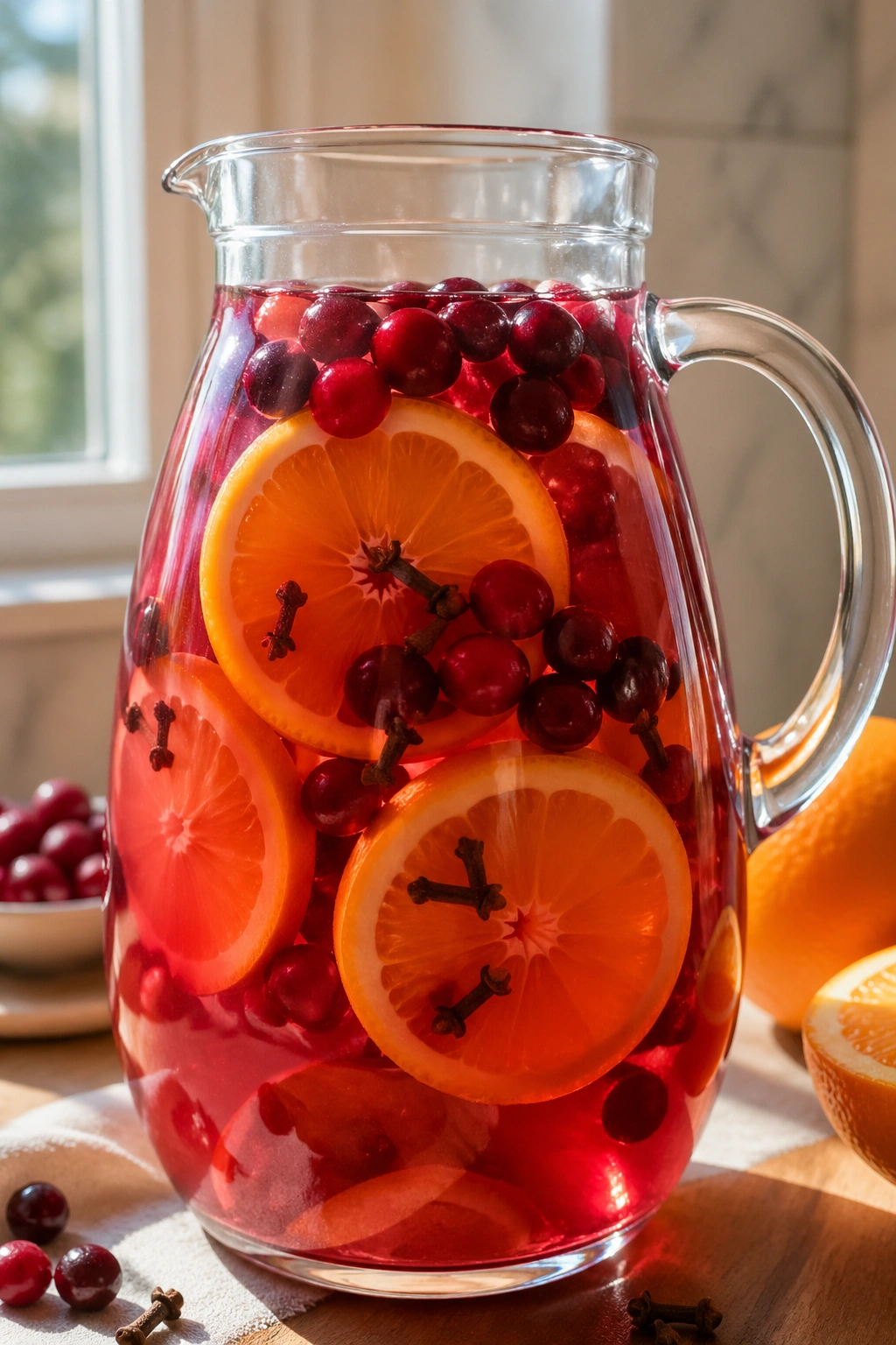 Close-up of cranberry orange clove water in a glass bottle with orange slices and cloves.