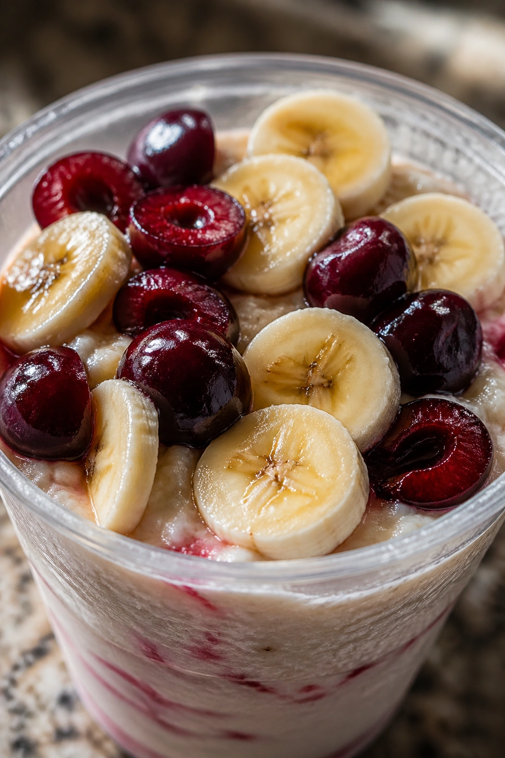 Cream of rice cup with banana and cherries