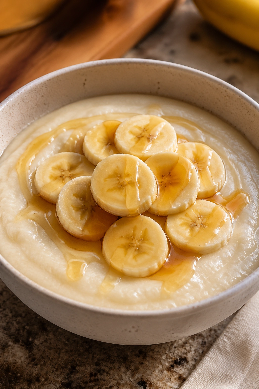 Cream of rice with banana and honey in a bowl
