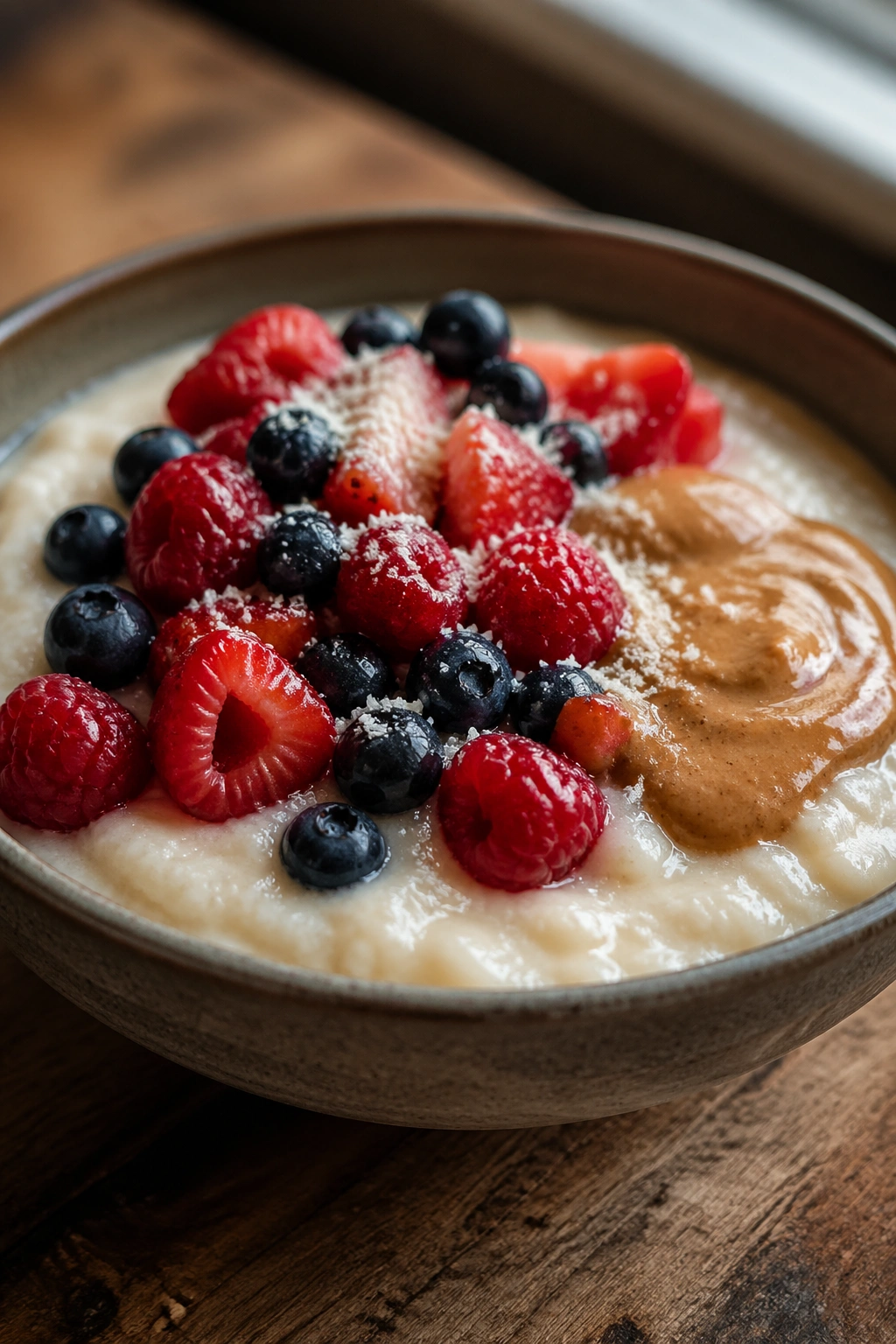 Close-up of cream of rice breakfast bowl with whey, berries, and almond butter