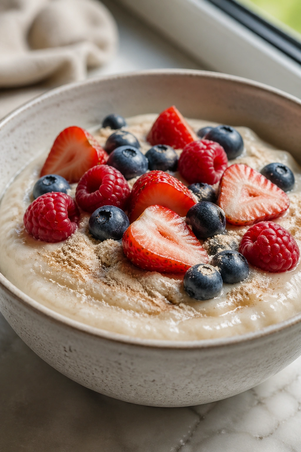 Cream of rice bowl with berries and protein powder.