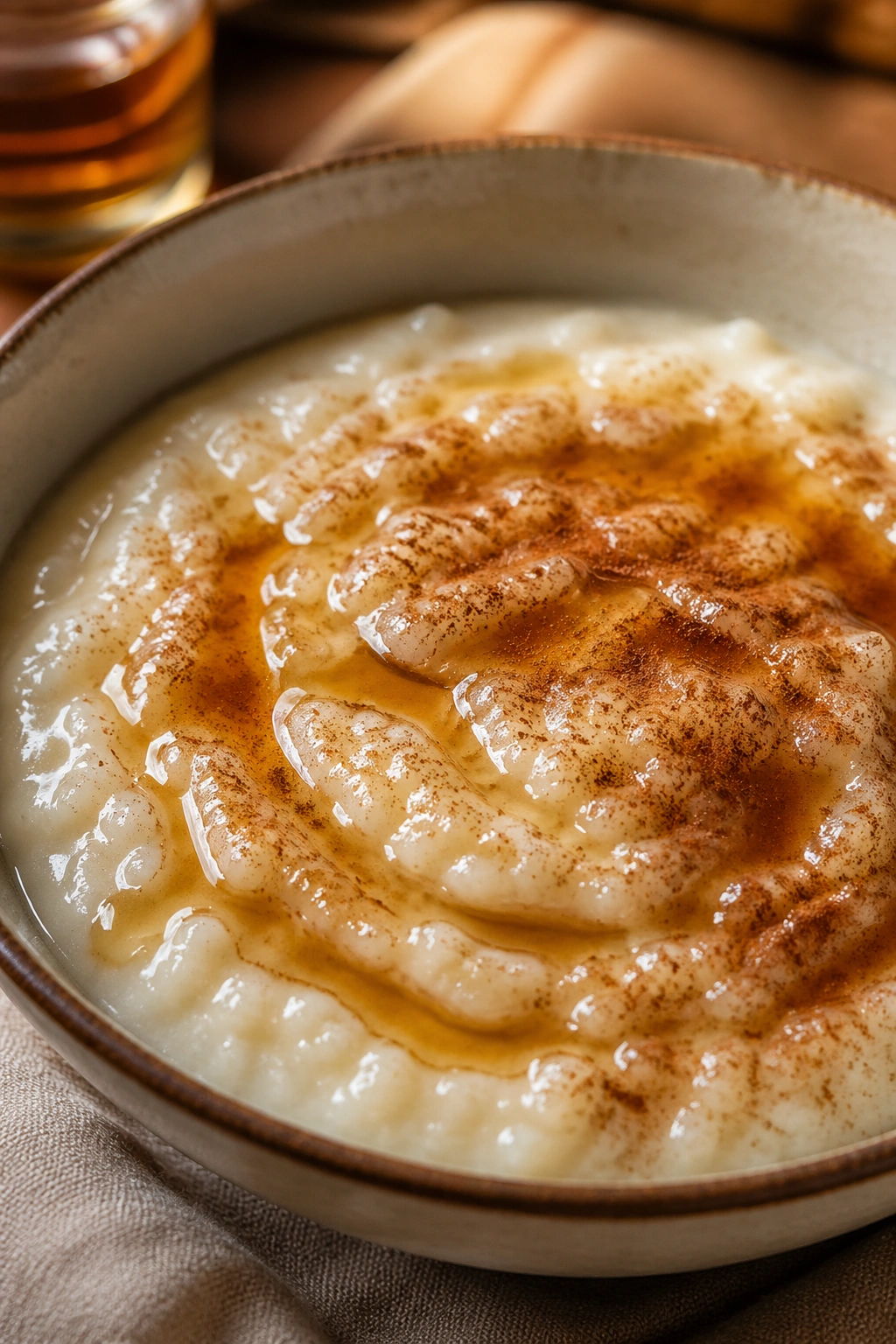 Cream of rice bowl topped with cinnamon and maple syrup