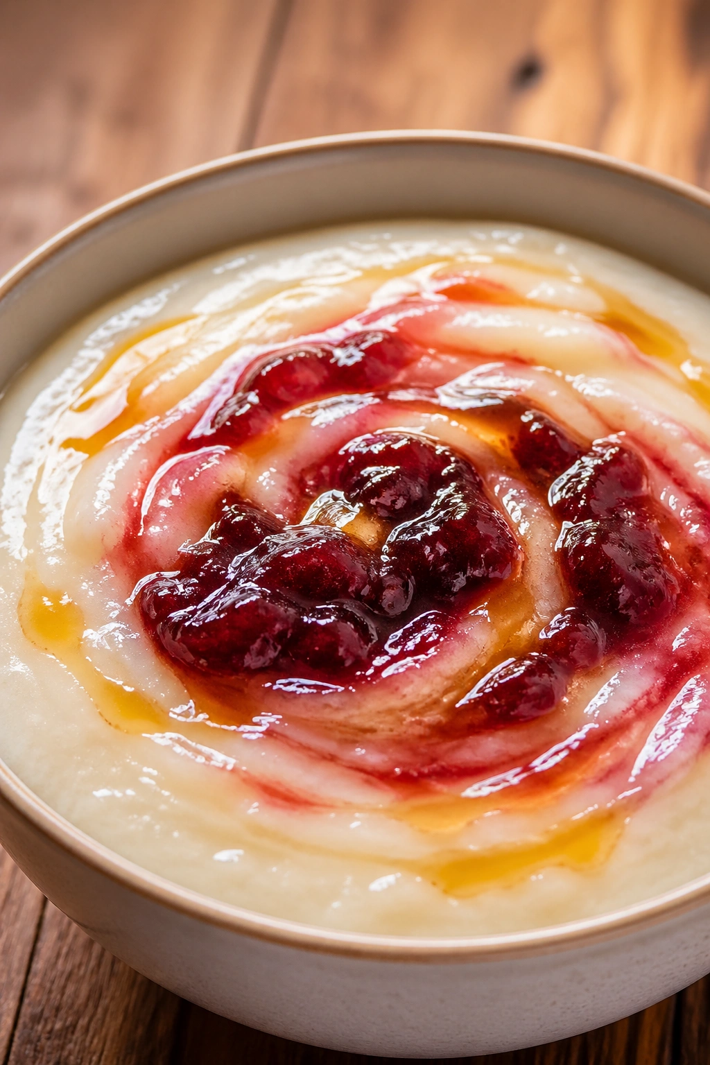 Cream of rice bowl with jam and honey on a warm wooden table.