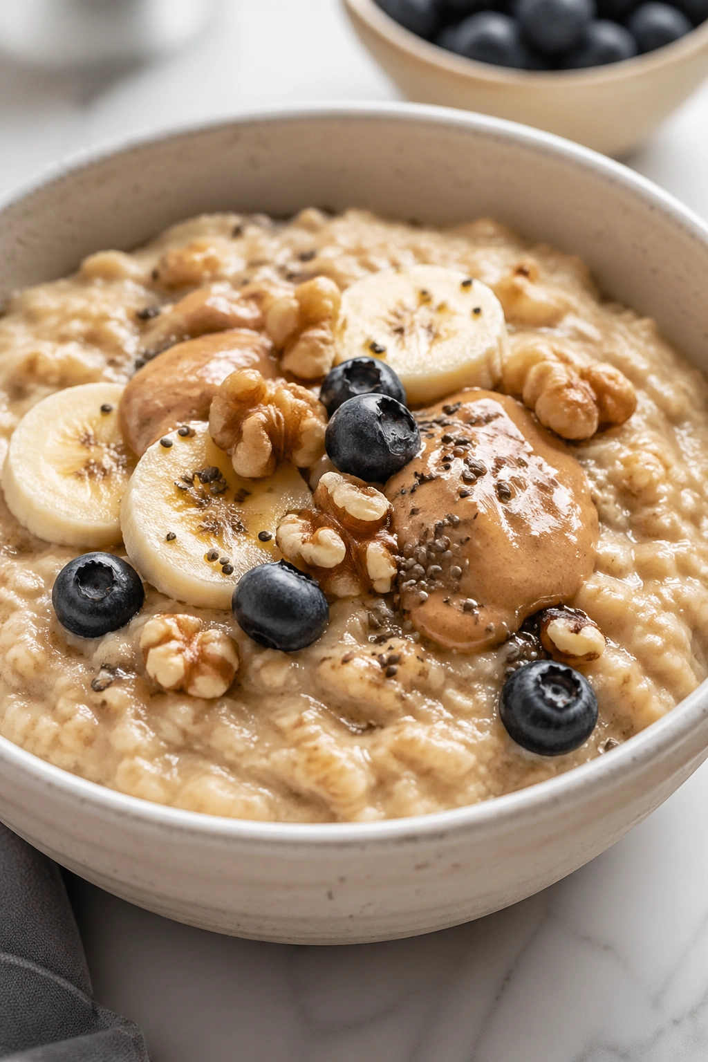 Creamy oatmeal bowl on bright kitchen counter