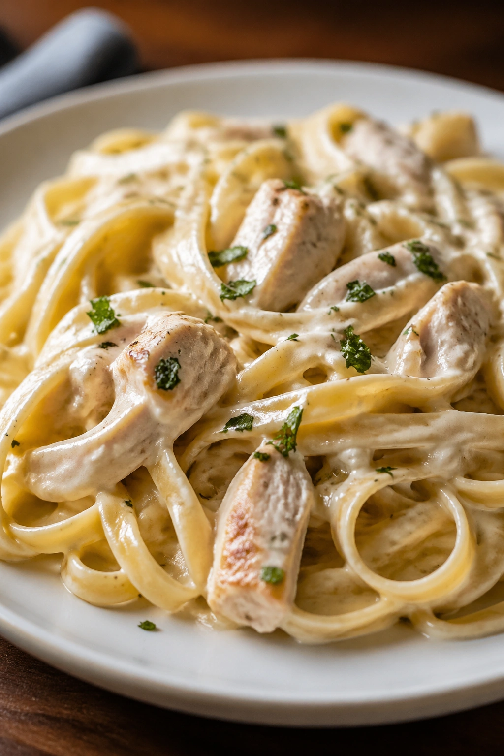 Close-up plate of creamy pasta filling the frame