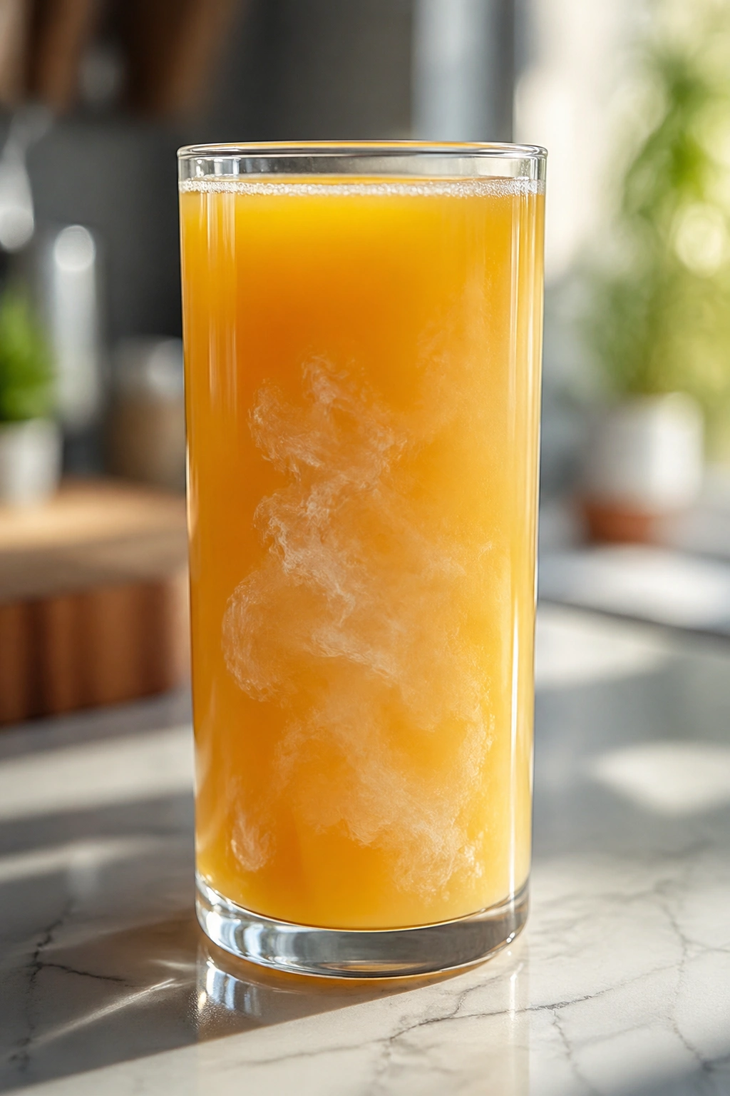 Glass of juice with a subtle white swirl indicating creatine mix