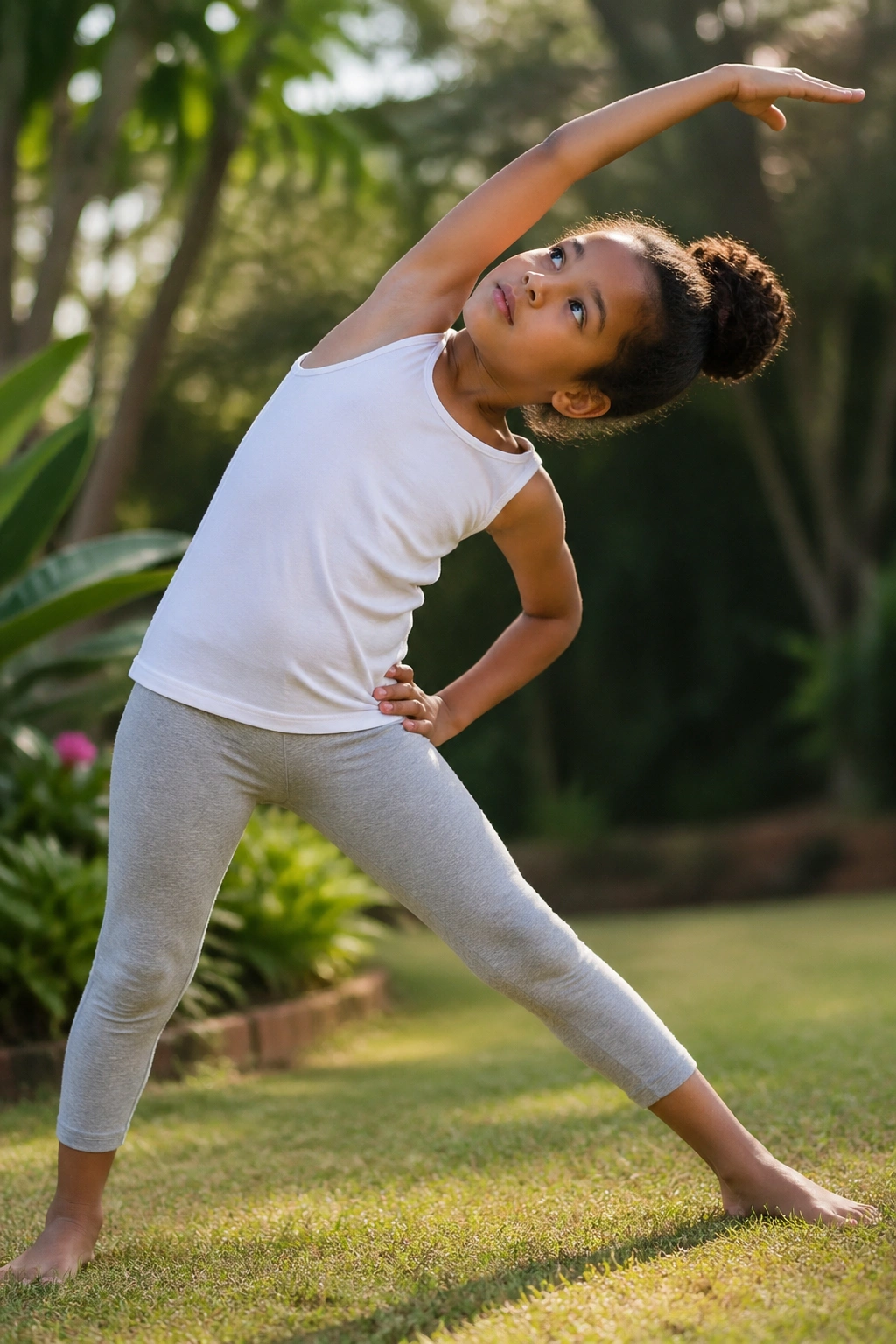 Child in Crescent Moon Pose with a graceful side bend