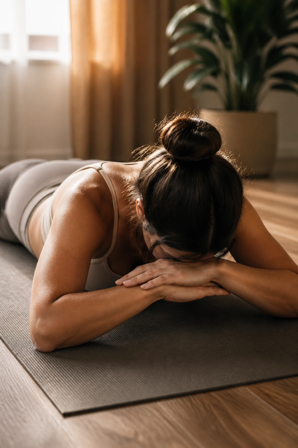 Close-up of a person performing Crocodile Breath in Sphinx Pose on a yoga mat