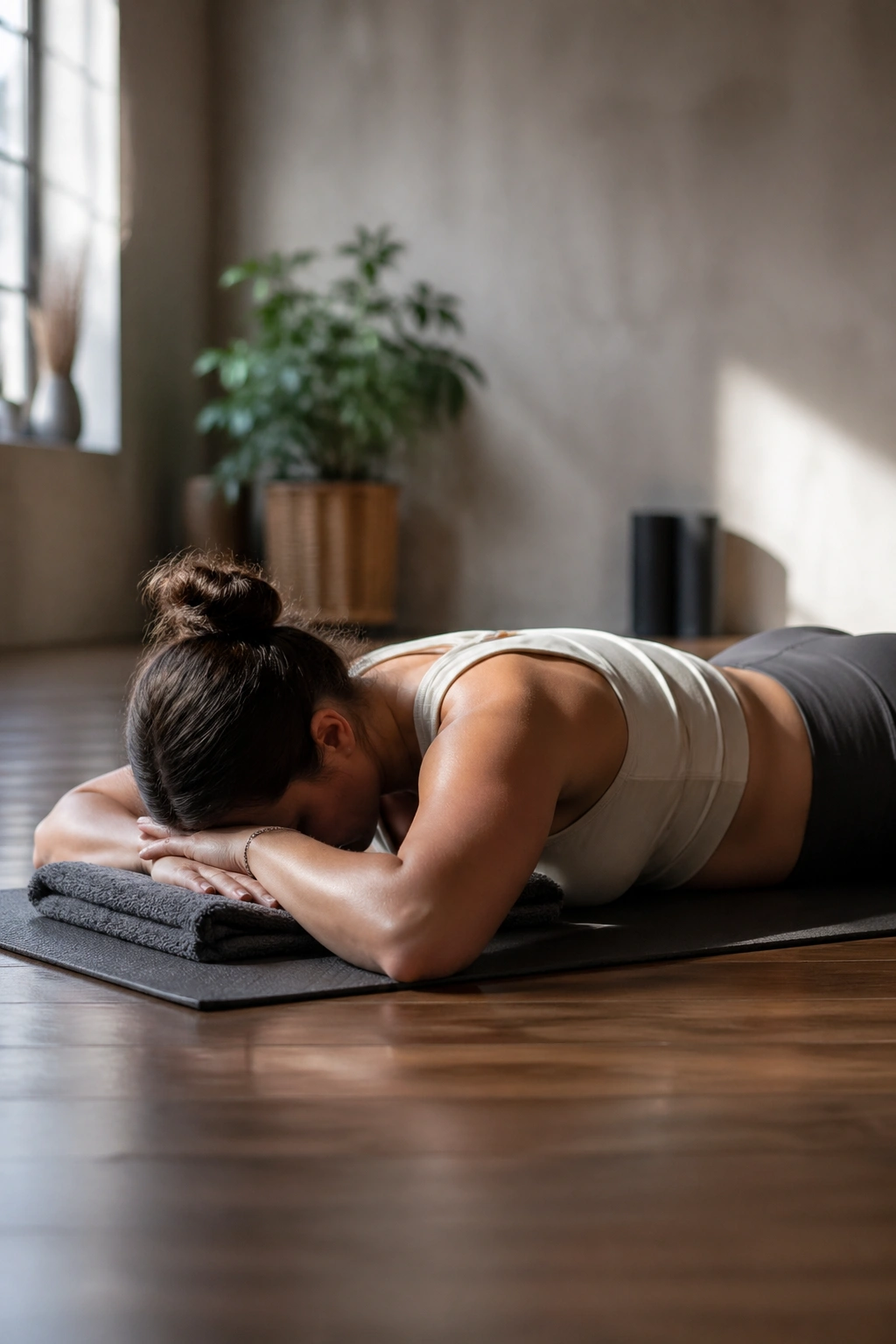 Person in crocodile pose lying on stomach with head supported on hands