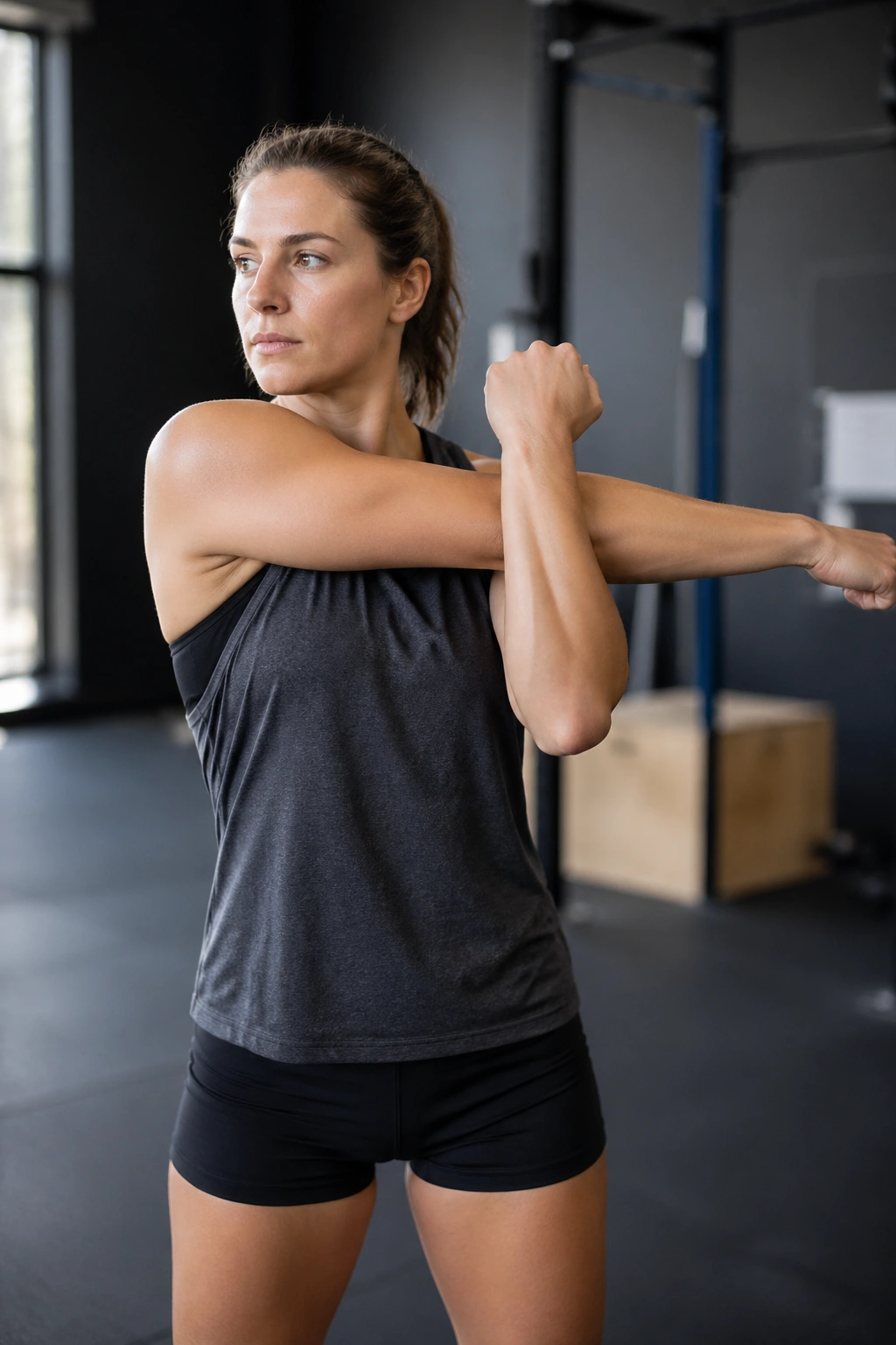 Close-up of a person performing cross-body arm swings, arms crossing midline in a gym