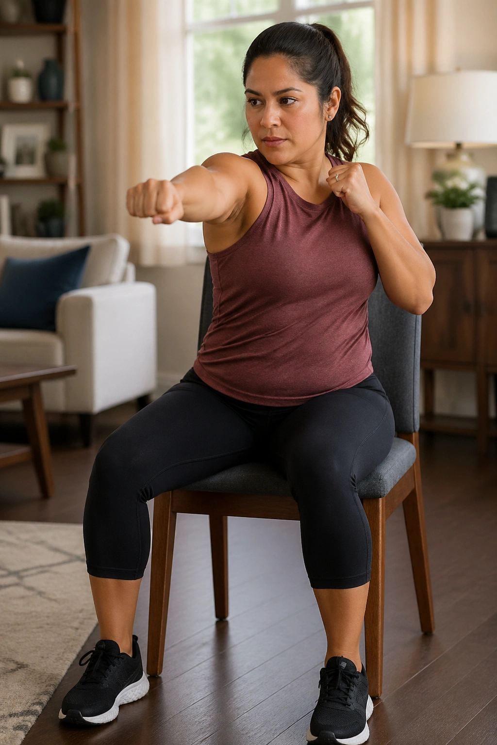 Real person performing cross-body chair punches in a chair