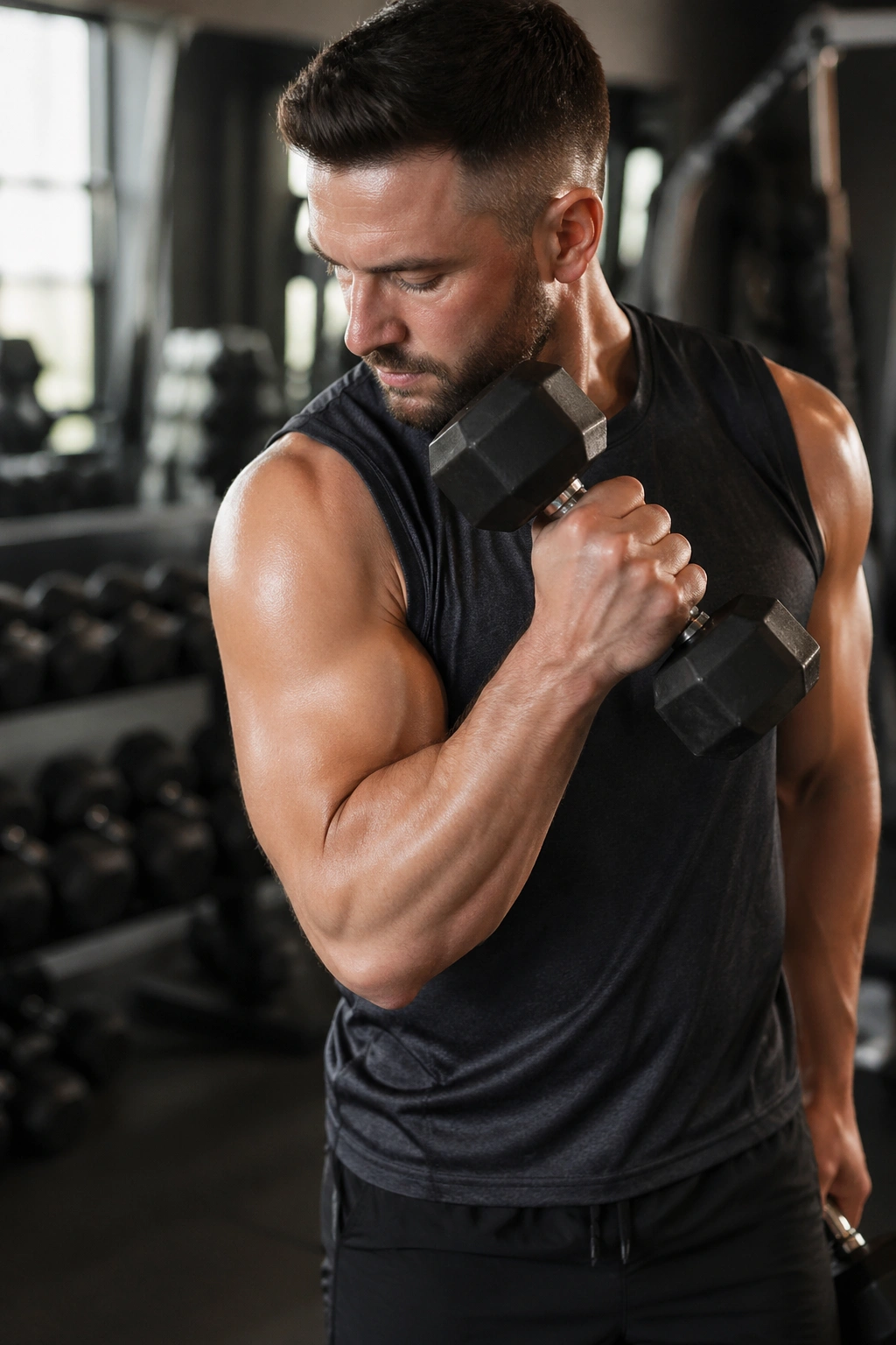 Close-up of cross-body hammer curl toward opposite shoulder.