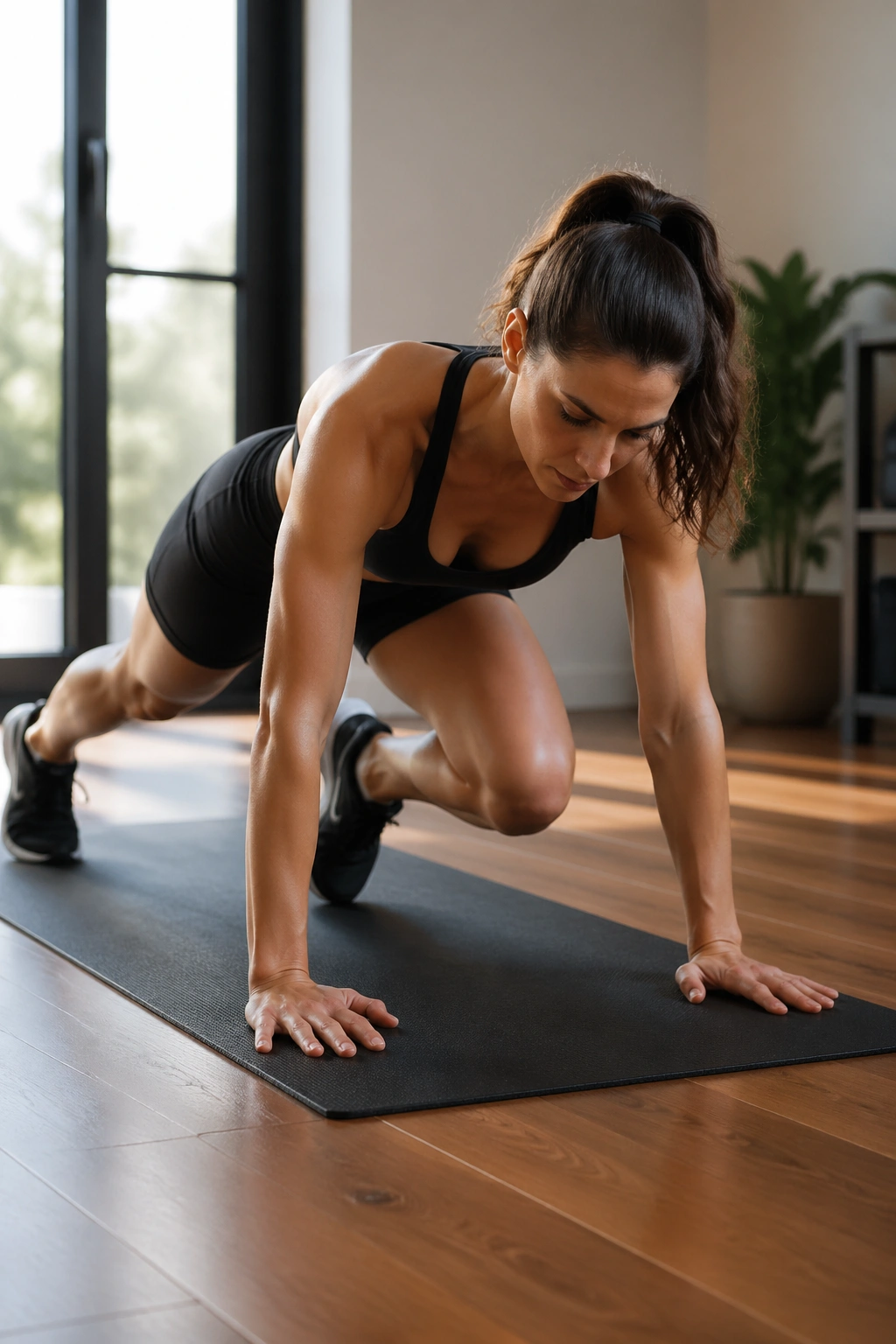Person performing cross-body mountain climbers in a plank position.