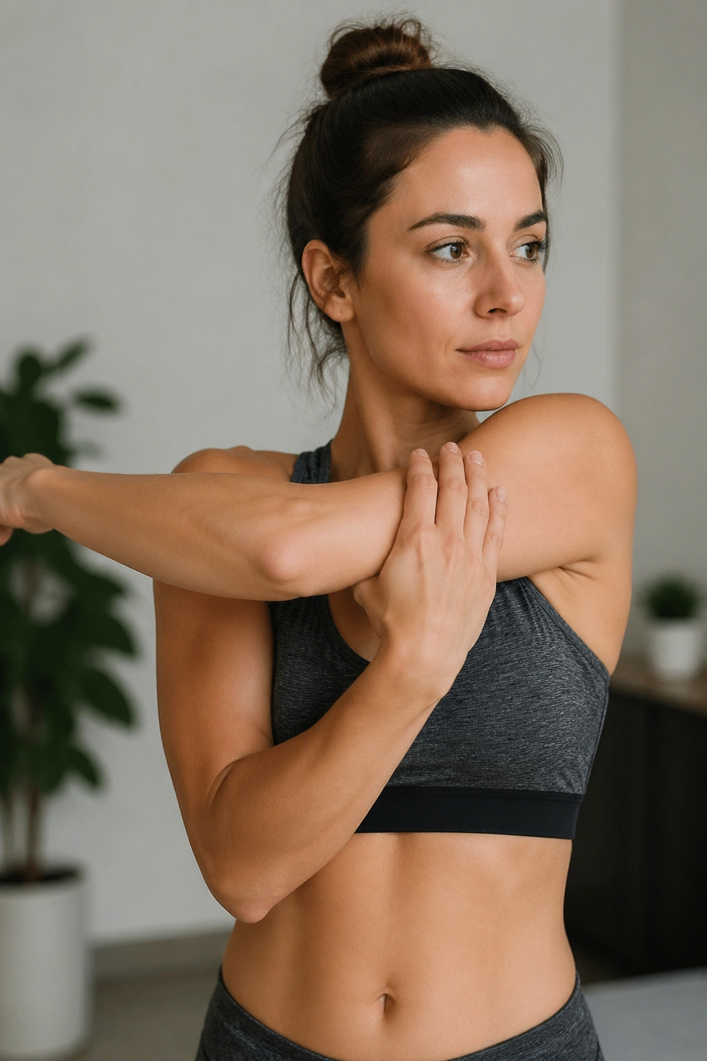Person performing cross-body shoulder stretch with arm across chest