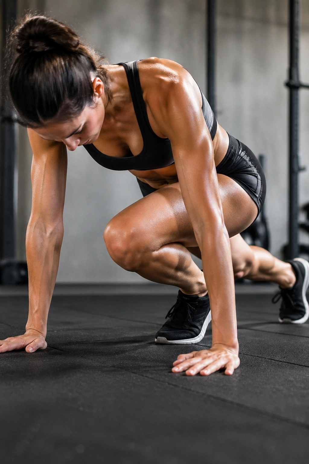 Close-up of cross-body mountain climbers showing oblique engagement in a gym