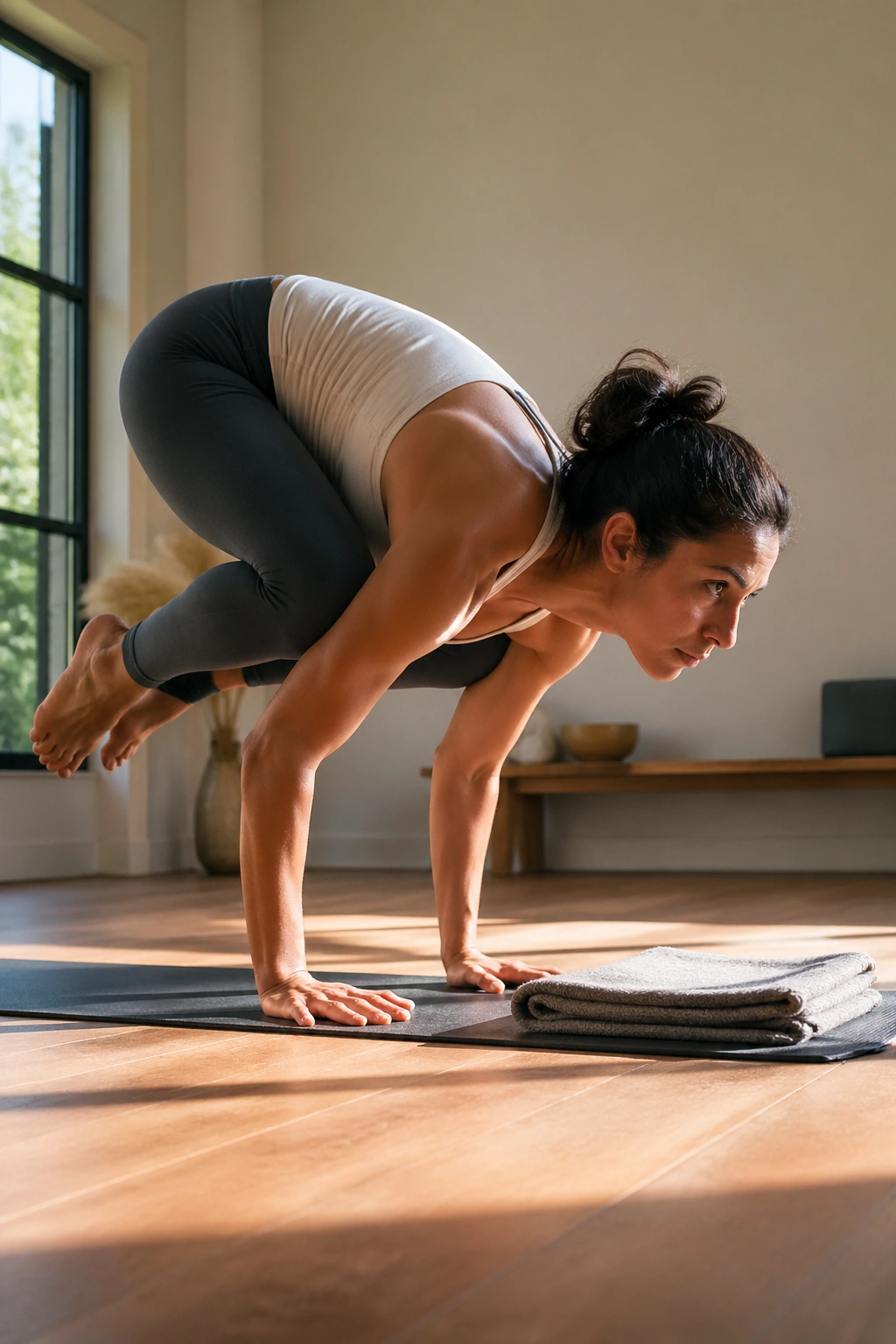 Real person performing Crow Pose on hands with knees on arms and a safety blanket nearby