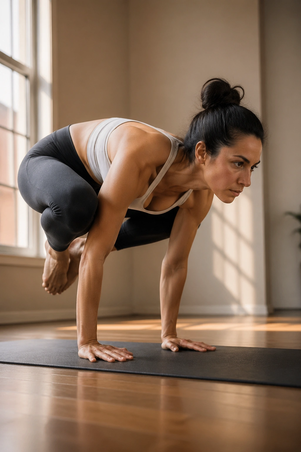 Real person in Crow Pose balancing on hands on a yoga mat