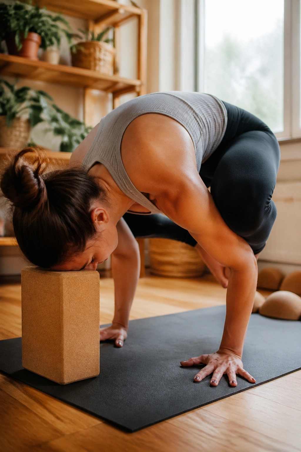 Close-up of a person doing crow prep with blocks and frog rocks in a home yoga space