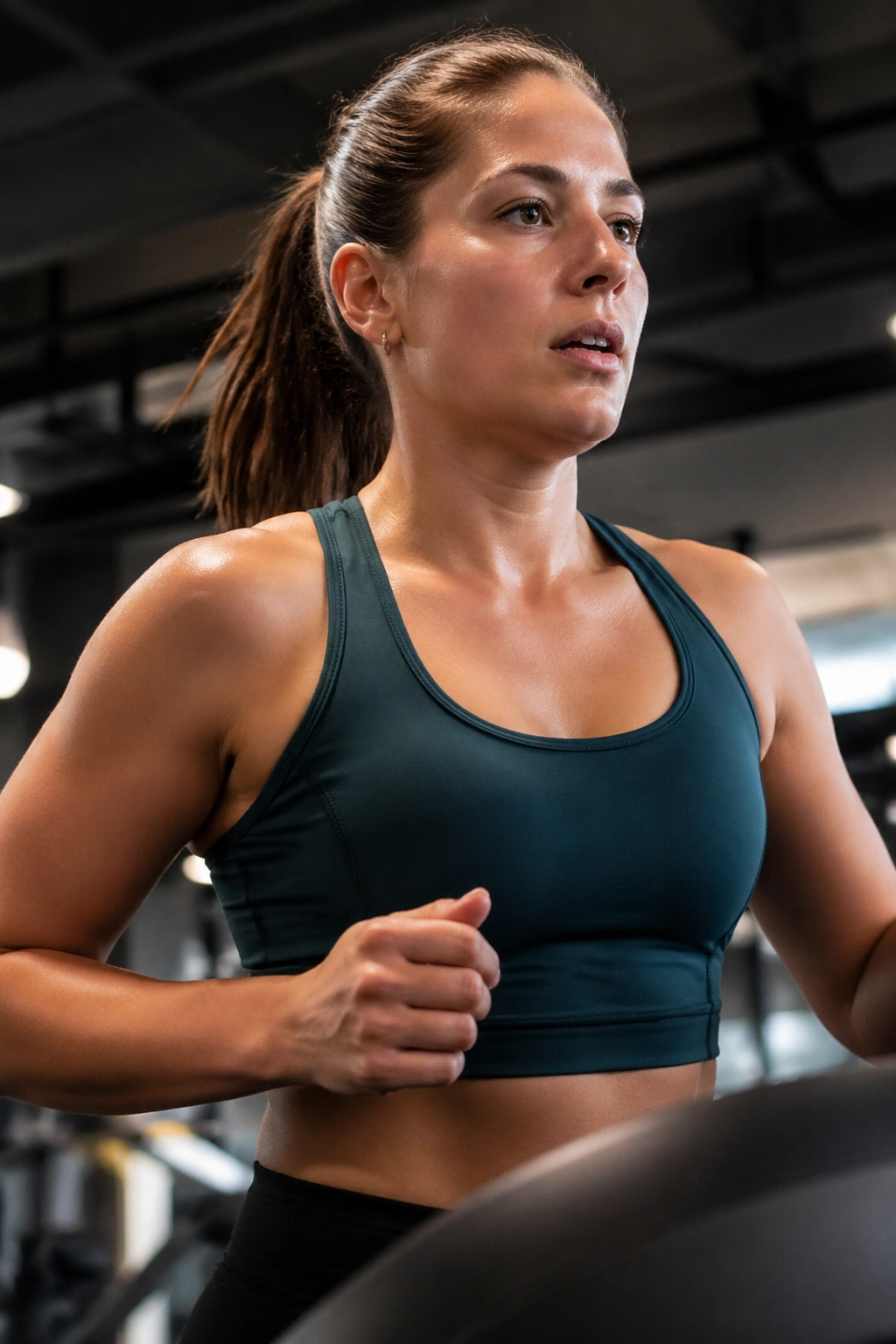 Focused person on a treadmill performing cruise intervals in a gym