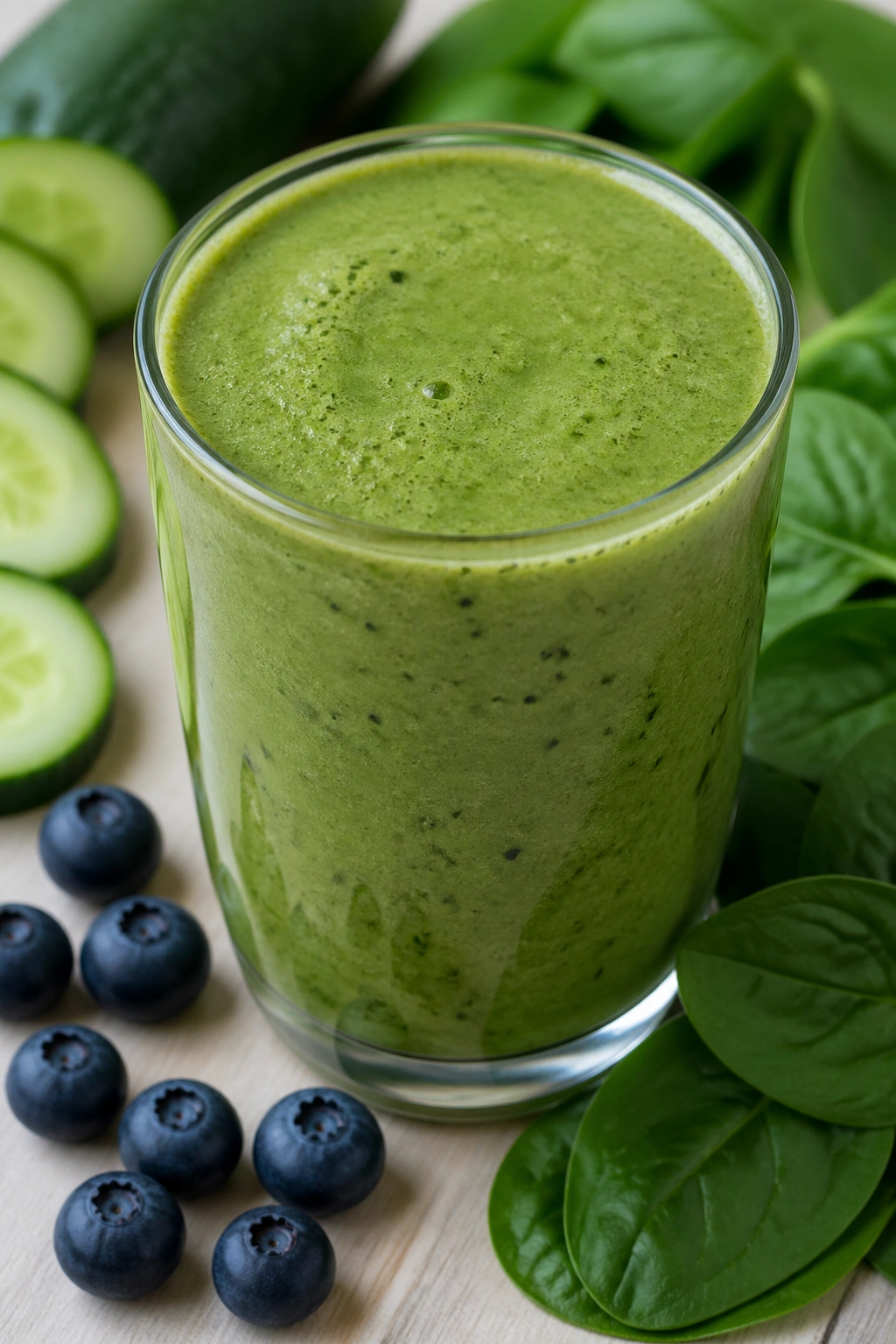 Green smoothie glass with cucumber slices and blueberries nearby on a sunny kitchen counter