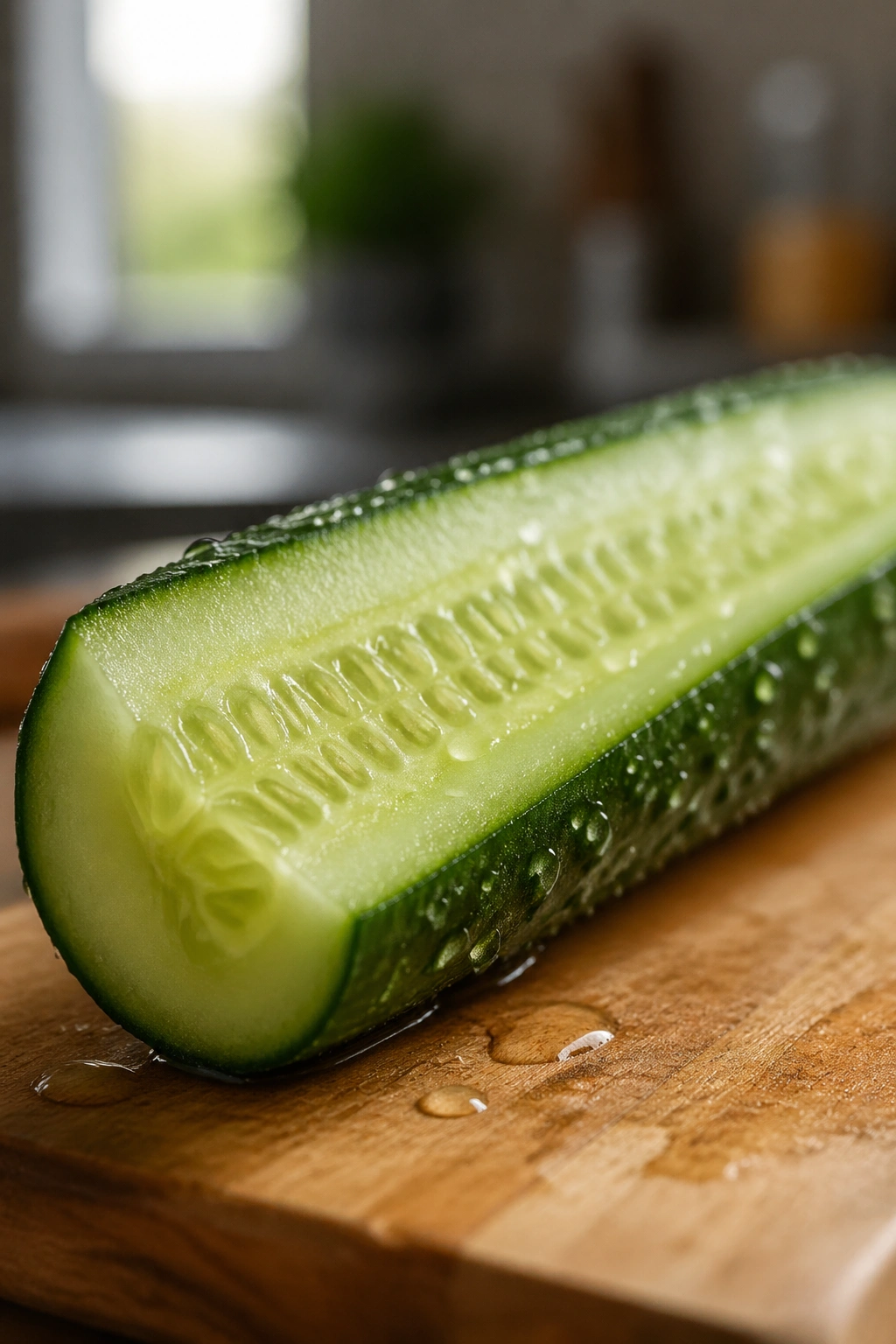 Close-up of a thick cucumber spear on a wooden cutting board in bright kitchen light